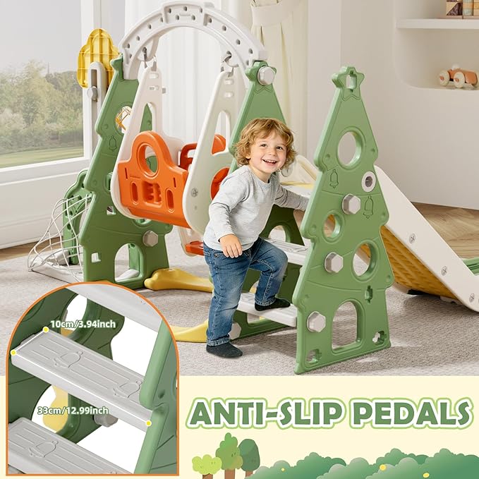 KORIMEFA 6-in-1 Kids Slide and Swing Set, Toddler Slide with Basketball Hoop, Swing, Outdoor Indoor Playground for Toddlers 1-3 Pine Shape Design(6 in1-Green)
