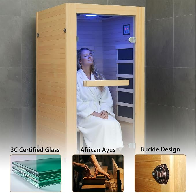 Sauna, Infrared Saunas for Home, Low EMF Indoor Sauna Room Dry Sauna Wood Build Hemlock 1 Person Sauna with Tempered Glass Door/Speakers/Air Hole -Single Person Sauna 32.3 * 28.4 * 61.4"