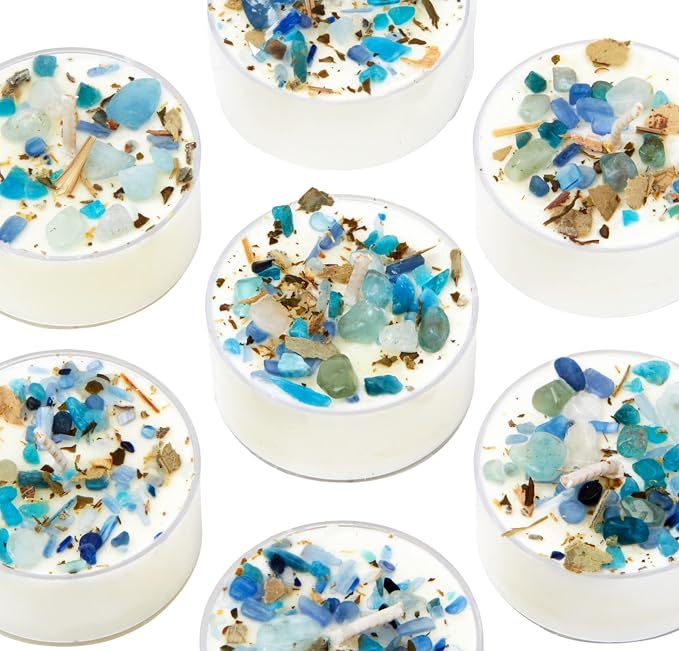 Throat Chakra Candle by New Moon Beginnings - Chakra Candles - Dried Flower, Herb, & Crystal Candles - Aromatherapy Candles - Soy Candle - Set of 6 Tealights