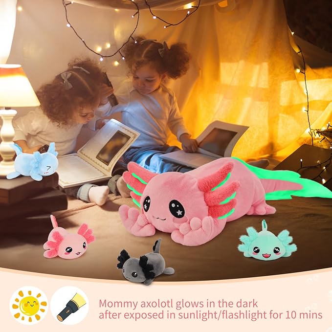 MaoGoLan 32 inch Large Pink Axolotl Stuffed Animals Bulk with 4 Babies, Cute Kawaii Plush Axolotl Toys Stuffed Salamander for Girls Kids Christmas Valentine's Day Gift, Glow in The Dark