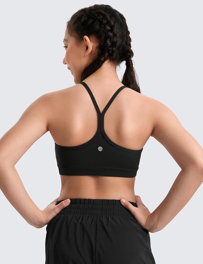 CRZ YOGA Girls Butterluxe Y Back Sports Bra - Yoga Athletic Casual Tops Scoop Neck Spaghetti Strap Padded Crop Kids Teen