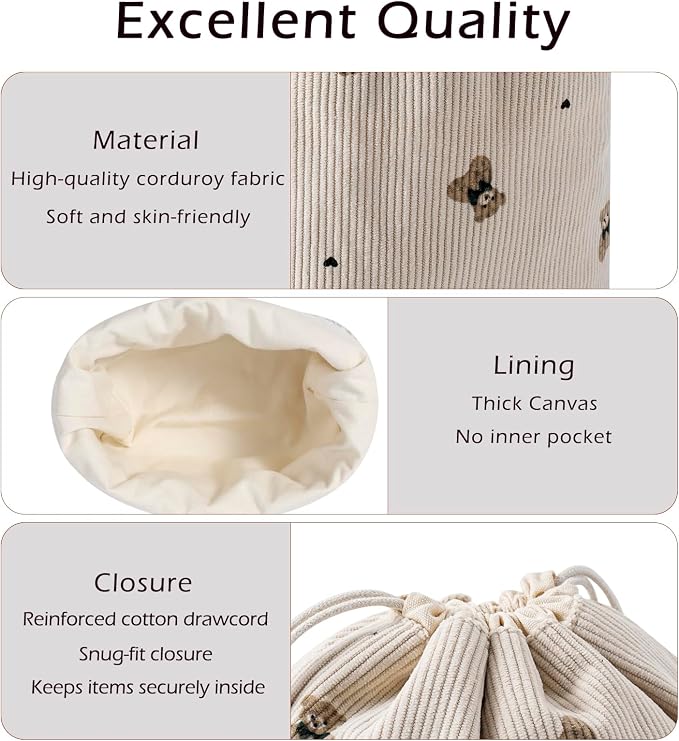 RSRSLEII Aesthetic Corduroy Drawstring Makeup Bag, Cute Coquette Drawstring Cosmetic Bag with Canvas Lining, Bear Pattern Travel Makeup Organizer Case for Women Girls (04 Light Taupe)