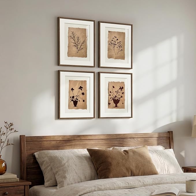 Framed Vintage Botanical Wall Art for Bathroom, Retro Brown Floral Prints Paintings, Neutral Rustic Minimalist Flowers Pictures for Bedroom Dining Room Kitchen Wall Decor, 11x14 Inch-4 Piece