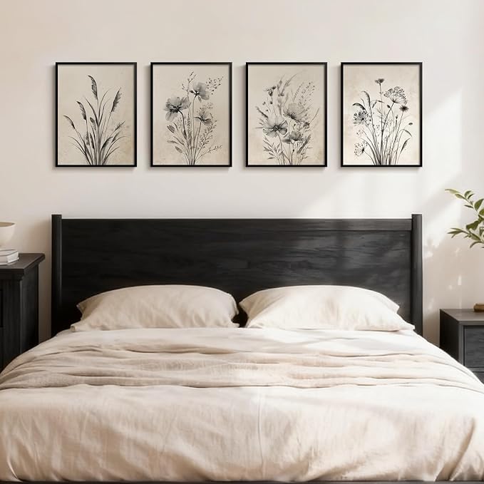 Framed Vintage Floral Botanical Wall Art for Living Room, 4 Piece 12x16 In | Neutral rustic artwork, Modern farmhouse wall decor, Canvas prints, Flower pictures, Kitchen bedroom hallway home decor