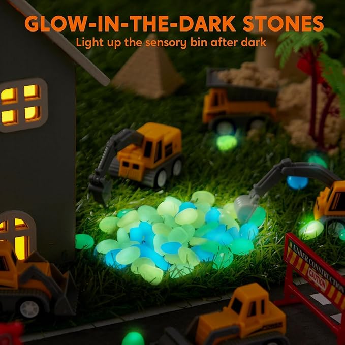 JOVA Klever Kits Construction Sensory Bin for Toddlers with Glow in The Dark Stones, Sandbox with Lid Castle Building kit, Preschool Learning Activities Gifts for Boys Girls Age 3+