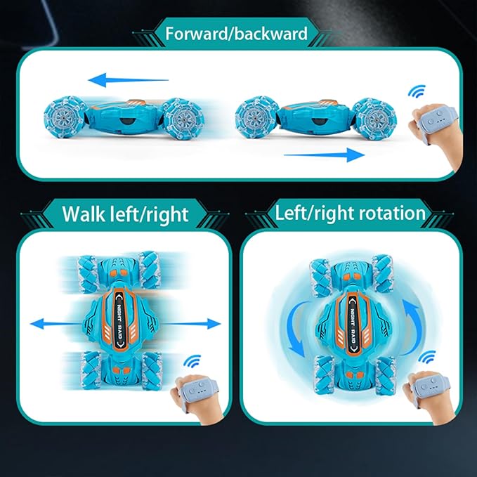 Gesture Sensing RC Stunt Car-Best Gifts for Boys 6-12 Years Old,2.4GHz 4WD Remote Control Twist Car with 360° Rotation, Music & Cool Lights,Off-Road Vehicle with Dual Batteries (Blue)