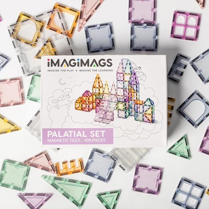 Magnetic Building Tiles; 108 Piece Palatial Set for Boys, Girls and Kids; Pastel Magnetic Building Tiles; Activity; Building Blocks; Toddler Toys; STEM; Children Ages 3 Years +