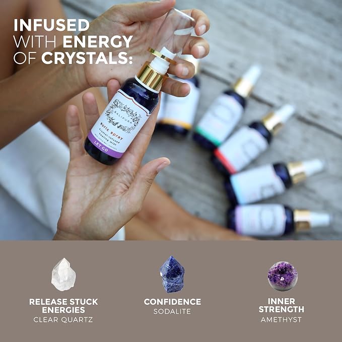 Let Go Aura Crystal Spray with Amethyst Sodalite Clear Quartz Palo Santo Crystals Pure Organic Cinnamon Grapefruit Handmade in Bali - 3.4 fl.oz