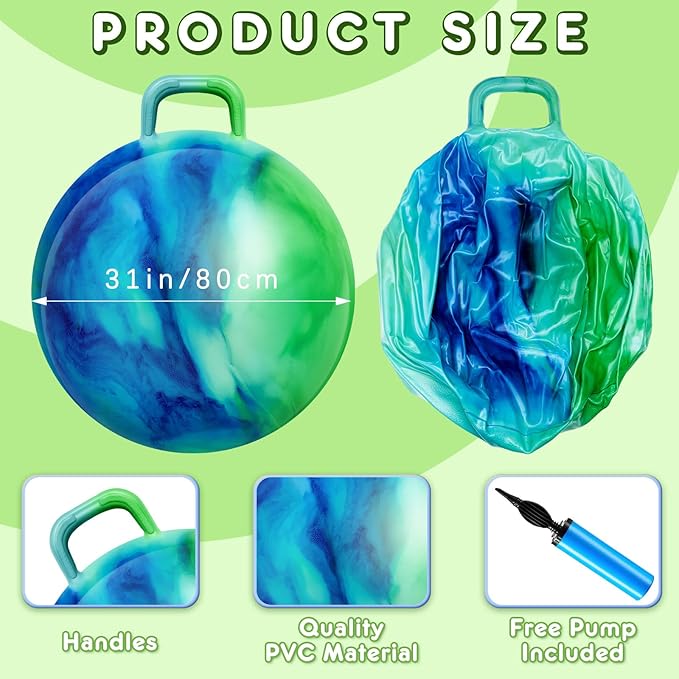 Lewtemi Hopper Ball for Adults, 31Inch Bouncing Ball Hippity with Handle Rubber Hop, Jumping Hopping Exercise with Air Pump for Outdoors Sports Exercise (Blue Green Cloud)