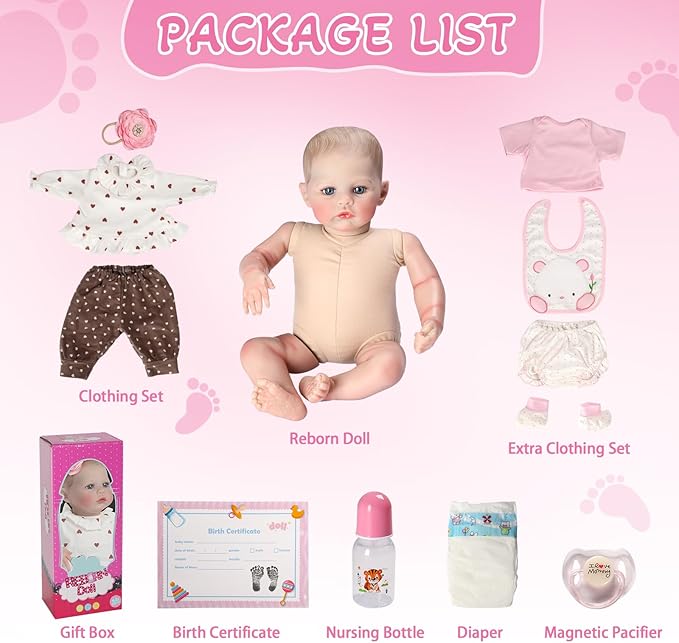Ktaxon Reborn Baby Doll with 2 Set Clothes, 20-Inch Soft Cloth Body Realistic Baby Doll with All Accessories, Newborn Baby Dolls for 3+ Year Old Girls & Boy (White)