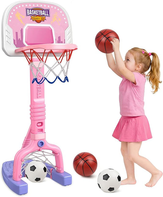 Toddler Basketball Hoop Indoor, 2-in-1 Adjustable Kids Basketball Hoop and Soccer Goal for Ages 1-3 3-5, Mini Baby Basketball Hoop Set with 4 Balls for Girls Child Indoor Outdoor Poolside Pink