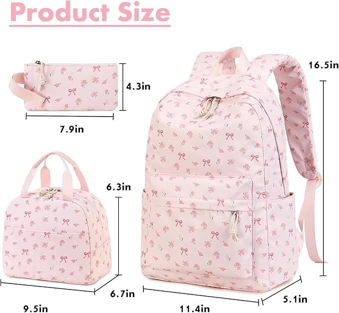Bluboon Teen Girls School Backpack Kids Bookbag Set with Lunch Box Pencil Case Travel Laptop Backpack Casual Daypacks (Pink bow tie)