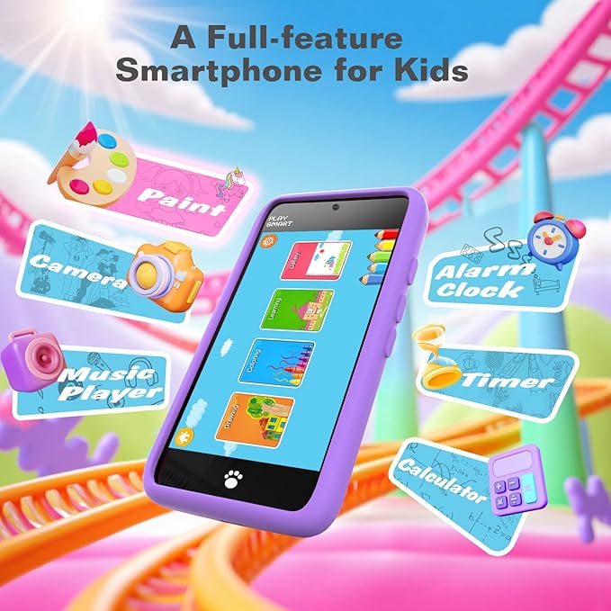 MOMILLA Kids Smart Phone Toys for Girls, 3.97” Touchscreen, Dual Cameras with Stickers, 200+ Games & 16GB Storage, Christmas Birthday Gift for Kids Age 3-10, Educational Mini Toddler Play Phone Toy