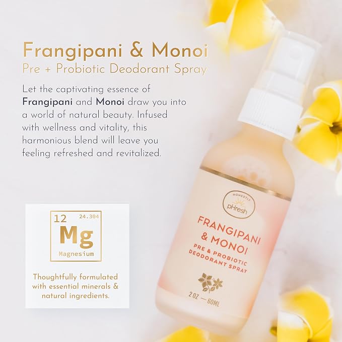 Honestly pHresh Pre & Probiotic Deodorant Spray for Women – Aluminum & Baking Soda Free Natural Deodorant Mist with 24-hour Odor Protection – Vegan, Made in USA - Frangipani and Monoi Scent, 2floz