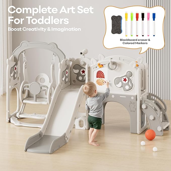 Mloong 11 in 1 Toddler Slide and Swing Set, Kids Slide for Toddlers 1-3 Years Old Baby, Indoor Outdoor with Basketball Hoop Drawing Golf for Kids Easy Assembly(Beige & Gray)(82×67×41in)