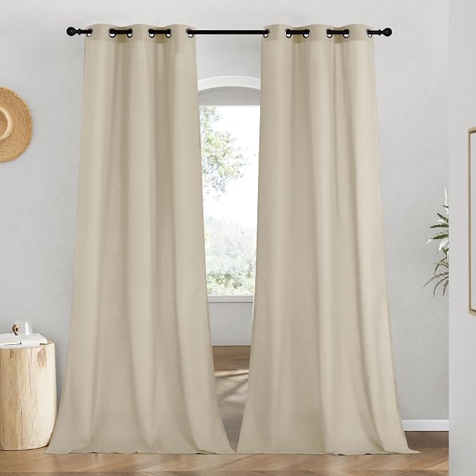 NICETOWN Rustic Linen 96 inch Long Curtains for Living Room, Grommet Privacy Added Thick Linen Weave with Light Filter Window Curtains & Drapes for Bedroom, Angora, W42 x L96, 2 Panels