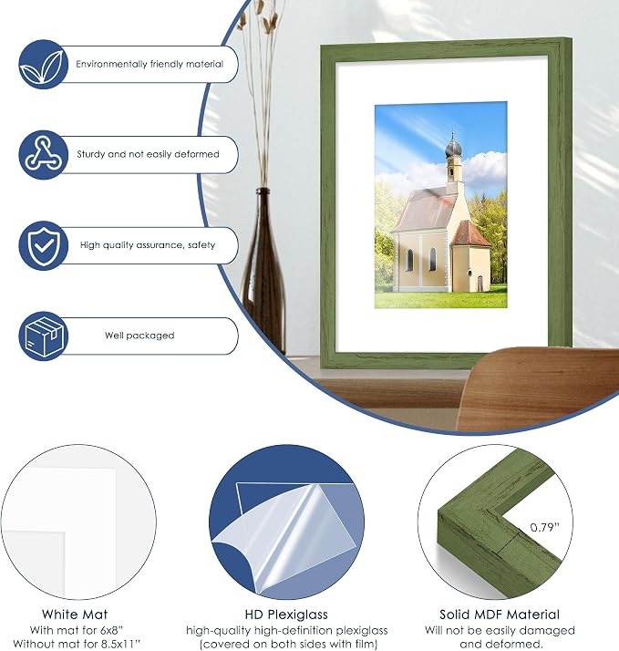 8x10 Picture Frame, Wall or Tabletop Display, Green Woodgrain,6 Pack | Display Pictures 5x7 with Mat or 8x10 Without Mat, Horizontal or Vertical, Gallery Wall Frame Set, Wedding Birthday Gifts