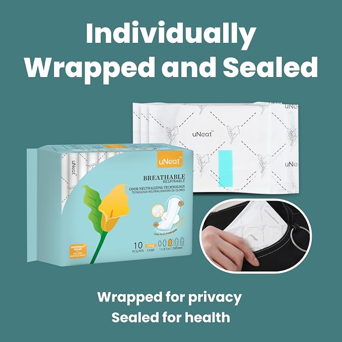 uNeat Maxi Pads with Wings, Long Overnight Period Pads for Women, Feminine Care, Heavy Absorbency, Odor-Neutralizing Tech, Unscented, Sanitary Napkins, (Size 3, 60 Count)