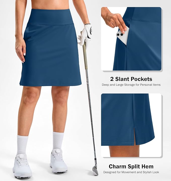 20" Skorts with 3 Pockets | Knee Length, High waisted, Slit Side, Casual, Summer, Travel, Athletic, Tennis, Golf, Skirts for Women