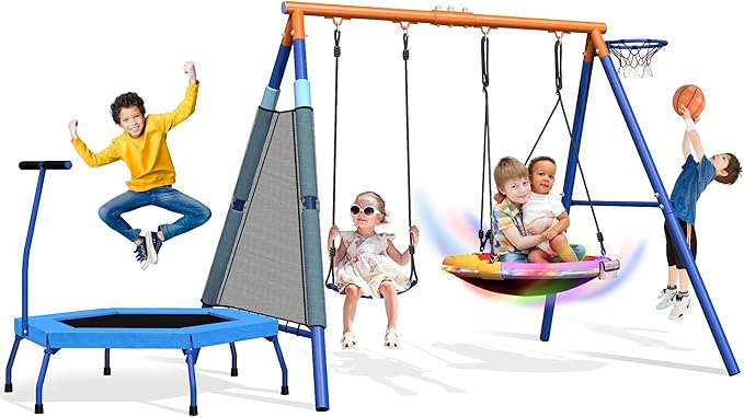 4-in-1 Heavy Duty Metal A-Frame Swing Set for Kids Backyard - 32" Saucer Swing, 55" Trampoline & Adjustable Basketball Hoop, Outdoor Playset Ages 3-12, 440lbs Capacity