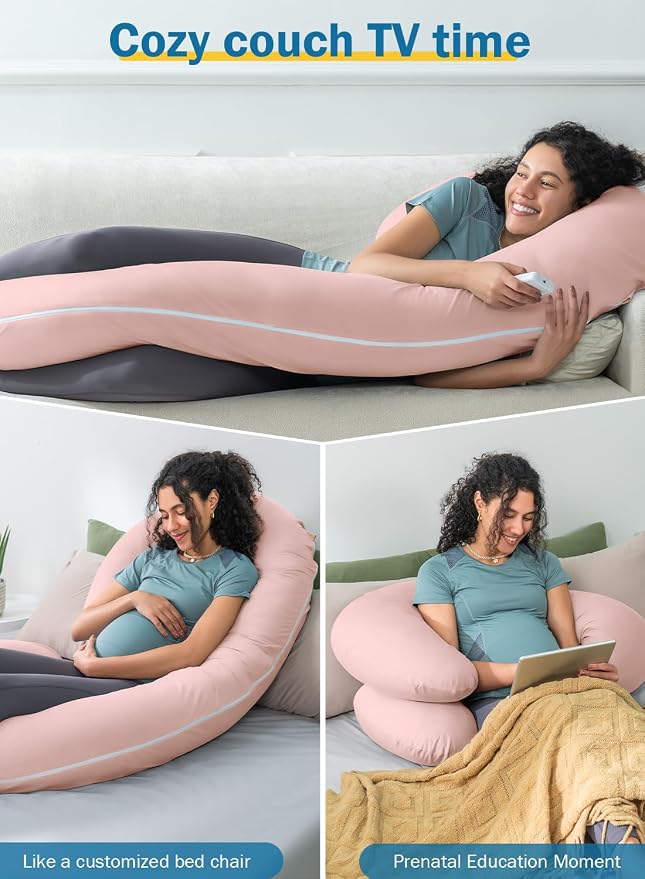 INSEN Cooling Pregnancy Pillow, Maternity Pillow with Soft Cotton Cover,C Shaped Pregnant Women and Side Sleeping, Bright Pink