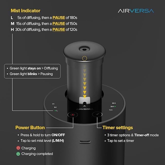 Airversa Waterless Essential Oil Diffuser for Home Aromatherapy Scent Diffusers with 3 Countdown Timer Settings or Timer-Off, 3 Mist Levels for Car Room Studio Office, ANX Titanium