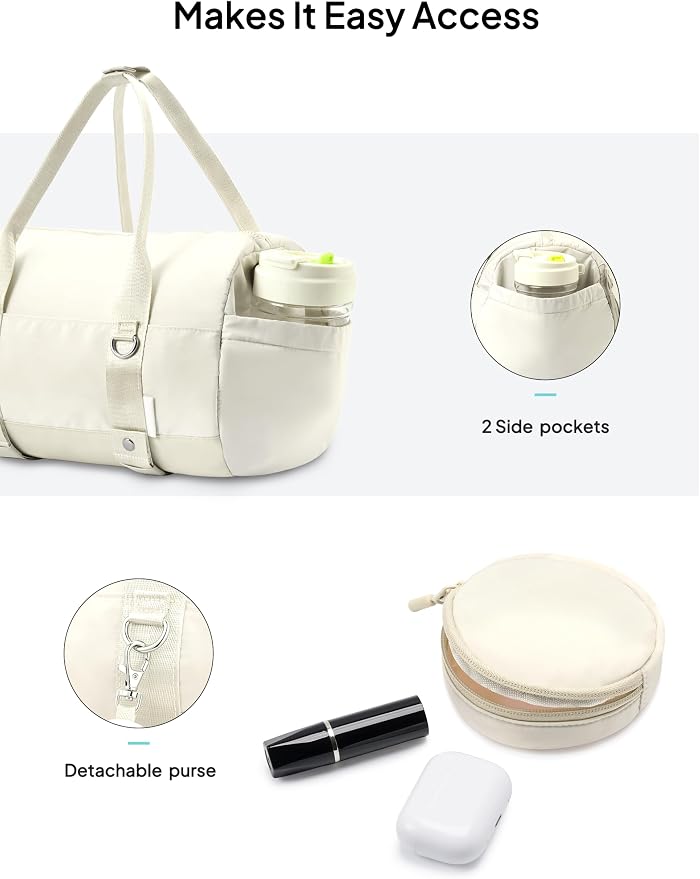 TOPEAST Small Gym Bag for Women with Yoga Mat Holder, Small Sports Duffle Bag Mini Gym Tote Bag with Water Bottle Pocket & Coin Purse for Weekender Travel Dance Workout, Beige