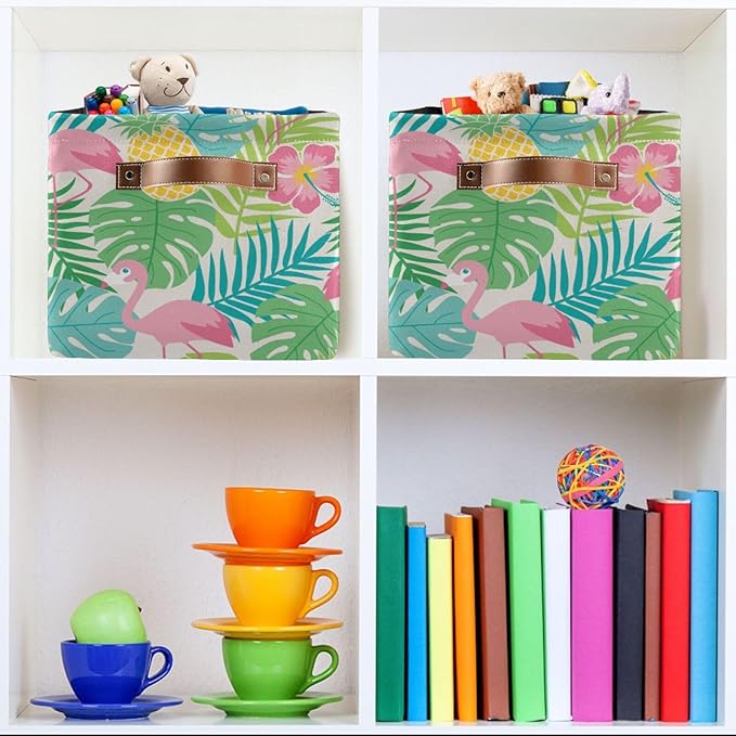 Aslsiy Storage Basket Summer Flamingo Hibiscus Nursery Bins Tropical Leaf Pineapple Baby Box Canvas Clothes Shelf Basket Laundry Hamper Gift Basket for Home Closet 1 Pcs