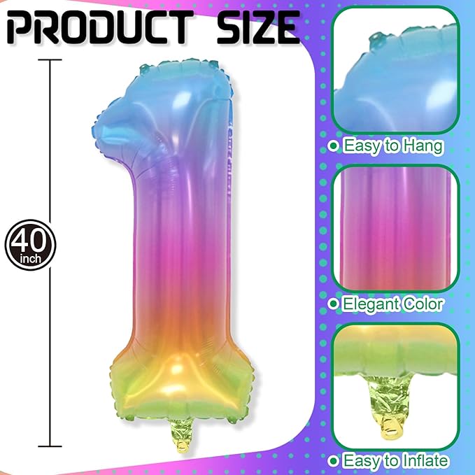 Big Number 1 Balloons, Rainbow Multicolor Foil 1 Balloon Numbers 40 Inch, Giant 1st Birthday Party Decor, Mylar Helium Self Inflating Colorful Jelly One Balloon for Girls Kids Baby Shower Decorations