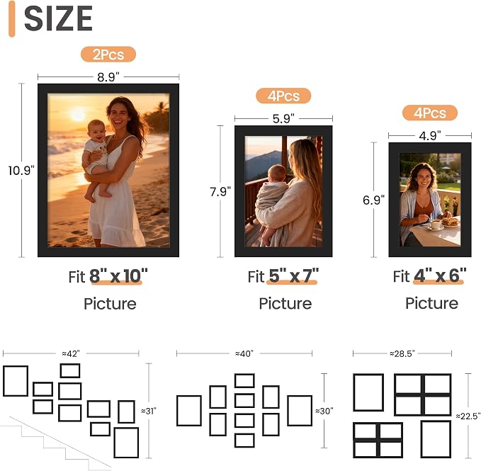 upsimples 10 Pack Picture Frames Collage Wall Decor for Mounting or Tabletop Display, Photo Gallery Frame Set for Family, Multi Sizes Including 8x10, 5x7, 4x6, Black | Multi Picture Frames Collage Wall Decor, Gallery Wall Frame Set, Gift For Christmas,...