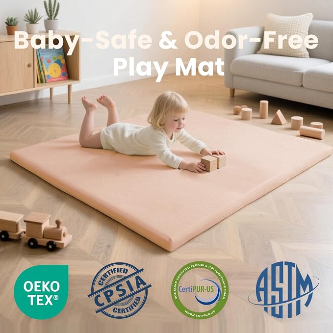 Huloo Sleep Baby Play Mat 47x47 Inches, 1.3" Thick Padded Waterproof Floor Cushion & Playpen Mat with Vegan Leather, Non-Slip & Non-Toxic Nursery Rug for Infants, Toddlers & Kids(Pink)