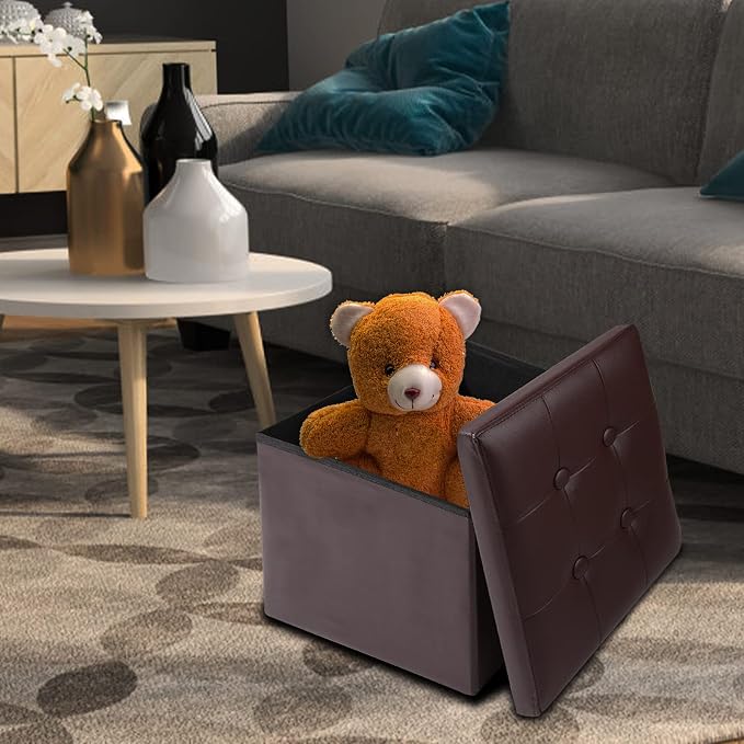 ALASDO Storage Ottoman Footrest Stool Small Ottoman with Storage Foldable Ottoman Leather Foot Rest Footstool Bench for Living Room 17x13x13inches Brown