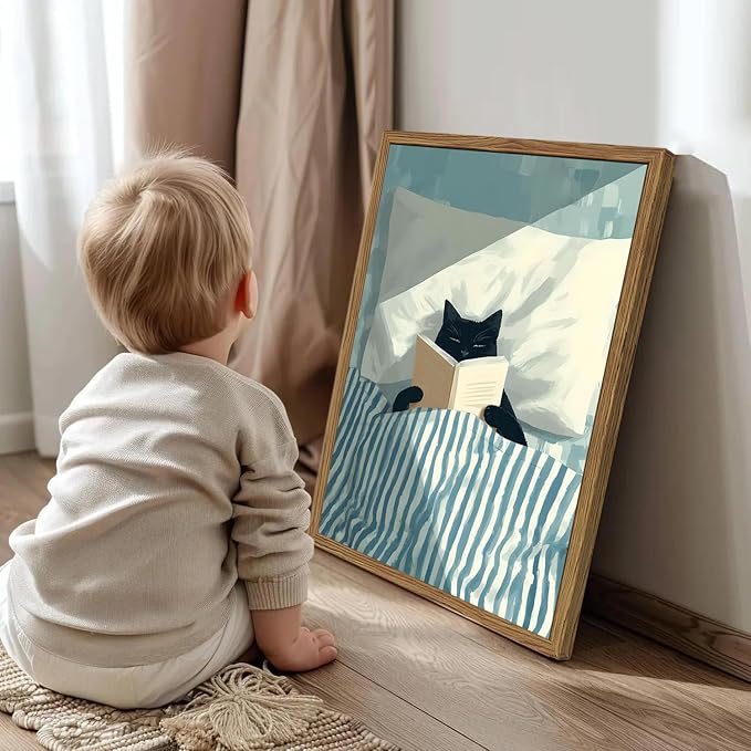 Framed Funny Black Cat Wall Art, Whimsical Cat in Stripe Bed Reading Wall Decor Painting Cute Animal Book Lover Poster Canvas Print for Bedroom Living Room 16x24 inch Wood Framed