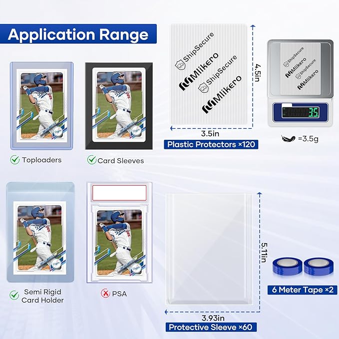 120 Pack Trading Card Shipping Protectors, 3.5'' x 4.5'' Plastic Card Protector with Tape Rolls for Mailing Sports Cards