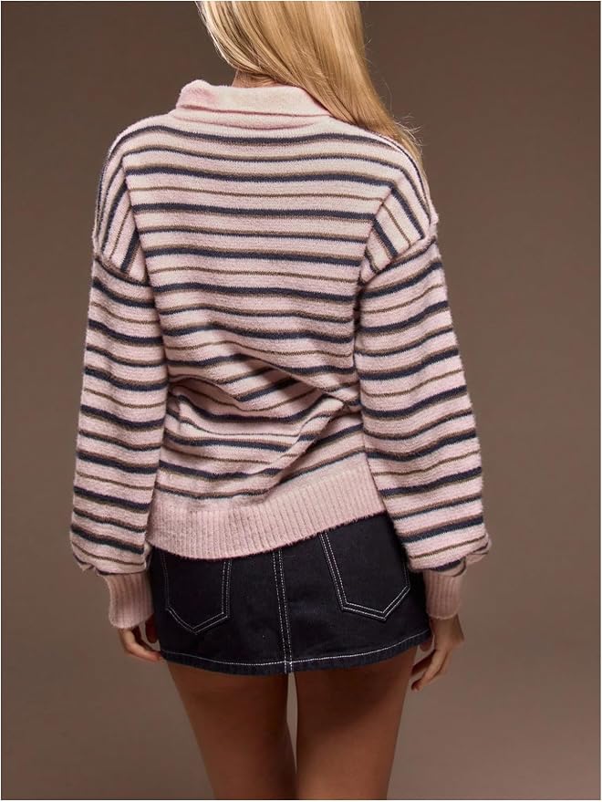 RoseSeek Women's Striped Lightweight Golf Sweaters Long Sleeve Pullover | Collared, Button, Loose Fit, Y2k Top