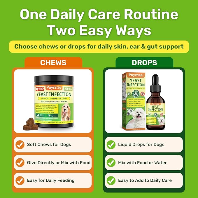 Puyrzoe Yeast Infection Treatment for Dogs, Itchy Skin, Paw Licking, Ear Odor & Allergy Relief, Natural Dog Yeast Infection Treatment, 200 Soft Dog Yeast Treatment Chews with Probiotic, Chicken Flavor