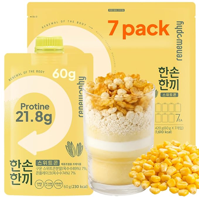 Korean Food Grabmeal Sweet Corn Protein Shake, 25g Protein, 7 Pack Mix | Sweet corn flavored protein drink mix with 25g protein per pouch, made in Korea, just add water