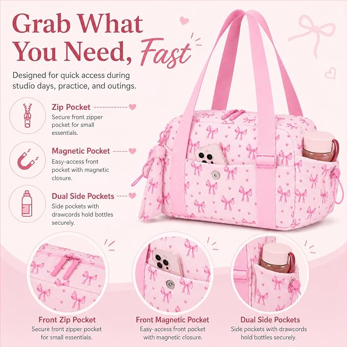 LOIDOU Aesthetic Dance Bag for Girls Corduroy Lightweight Bow Ballet Gymnastic Bag, Small Gym Bag for Women with Wet Dry Pocket, Cute Tote Bag Gifts for Birthday Christmas