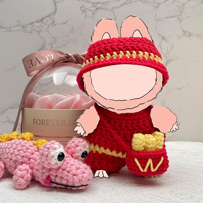 17cm Doll Clothes, 3-Piece Handmade Crochet Doll Outfit Set, Kawaii Style Accessories with Cute Hat, Jumpsuit & French Fries Bag Compatible 6 Inch, Gift for Collectors (ONLY Outfit)