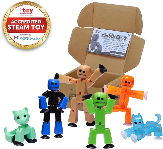 Zing Stikbot Family Pack, Set of 6 Stikbot Collectable Action Figures, Includes 2 Stikbots, 2 Junior Stikbots, 1 Dog, and 1 Cat, Stop Motion Animation - in Eco-Friendly Packaging, Age 4+
