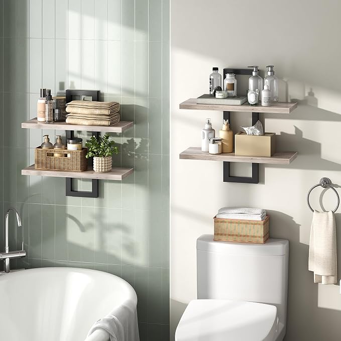 HOOBRO Floating Shelves, 15 Inch Wall Shelf Set of 2, Wall Mounted Storage Shelves 2-Tier, Hanging Bathroom Shelves, for Living Room, Bedroom, Bathroom, Kitchen, Greige BG32BJ01