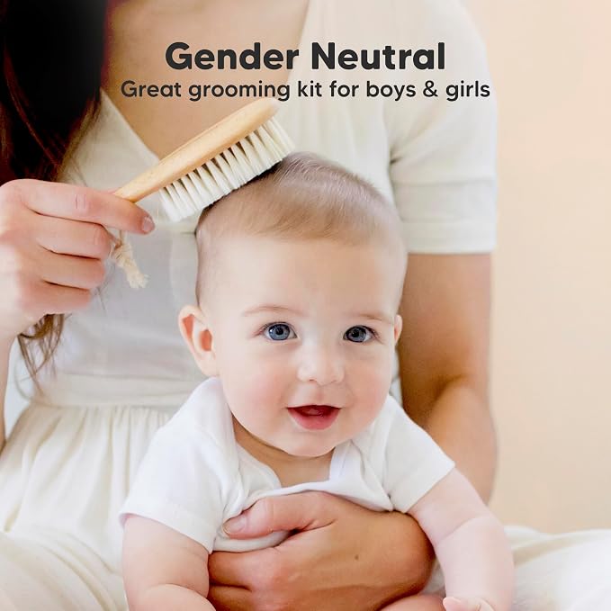 Wooden Baby Hair Brush Set for Newborns, Toddlers - Soft Goat Bristle Baby Brush and Comb Set Newborn Grooming Kit for Cradle Cap Care, Durable & Gentle, Boy, Girl Infant Essentials (Regular, Walnut)