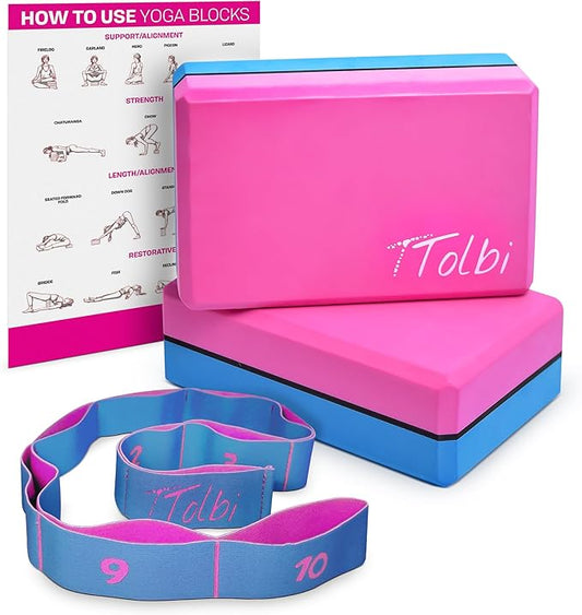 Yoga Blocks 2 Pack with Strap & Guide – Non-Slip EVA Foam Pilates Blocks for Home Workouts, Dance, Ballet, Gymnastics & Stretching Exercise | Ideal Dancer Gifts