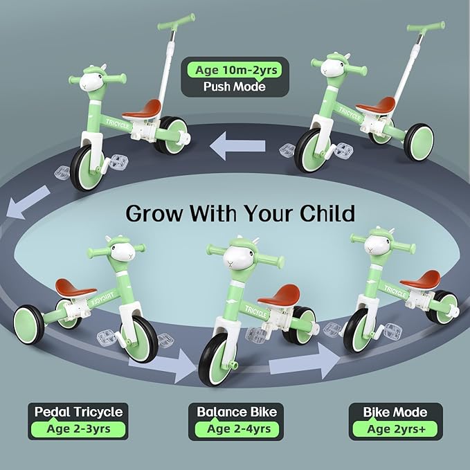 Tricycle for Toddlers 1-3 Year Olds, 5 in 1 Toddler Balance Bike 2-4 Years Old Boys Girls, Push Trike Toys with Adjustable Handle, Birthday Gifts for 2 3 4 5 Year Old Kids Bike (Light Green)