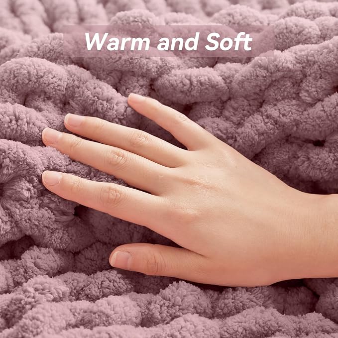 Negwoo Chunky Knit Throw Blanket, Knitted Throw Chenille Yarn, 80"*90" | Soft Thick Cable Knitted Blankets, Handmade Big Thick Blanket, Machine Washable Cute Comfy Blanket for Home Decor, Muted pink