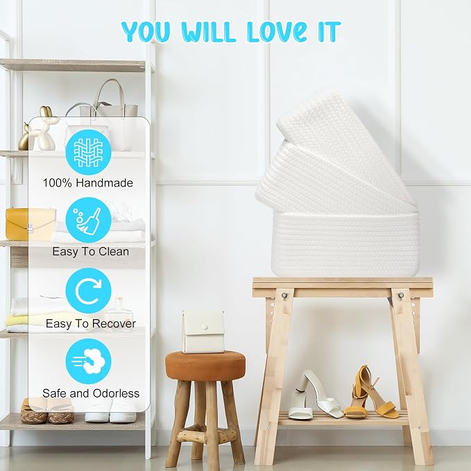 3 Pack Small Storage Baskets for Organizing, 11.8×7.8×5.1", White | Woven Baskets for shelves, Cotton Rope Basket for Gifts Empty, Closet Organizer Bins with Handles, Cube Decorative Box
