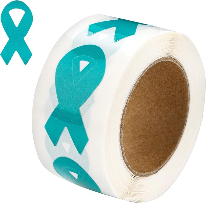 250 Small Teal Ribbon Shaped Awareness Stickers for Ovarian Cancer, Rape, Sexual Assault, Agoraphobia, Anxiety Disorder, Fragile X Awareness