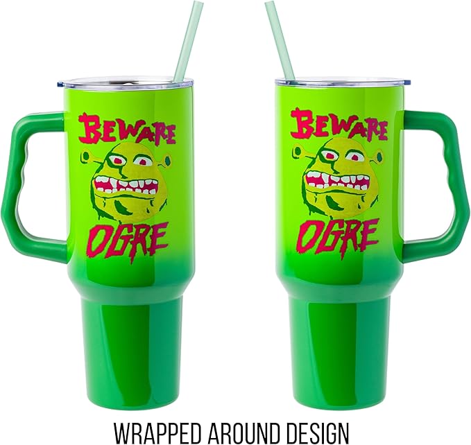 Silver Buffalo Shrek Beware Ogre Double Walled Stainless Steel Tumbler with Handle and Straw, Fits in Standard Cup Holder, 40 Ounces