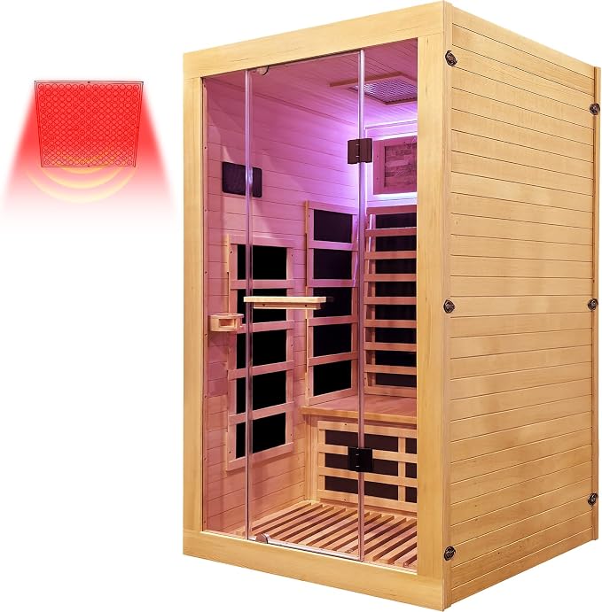 Infrared Sauna 2 Person Far Infrared Sauna Low-EMF Canadian Hemlock Wood Indoor Dry Saunas with Red Infrared Beauty Light Bluetooth Speaker Two Person Sauna 2250W 47.3 * 41.3 * 74.8 in
