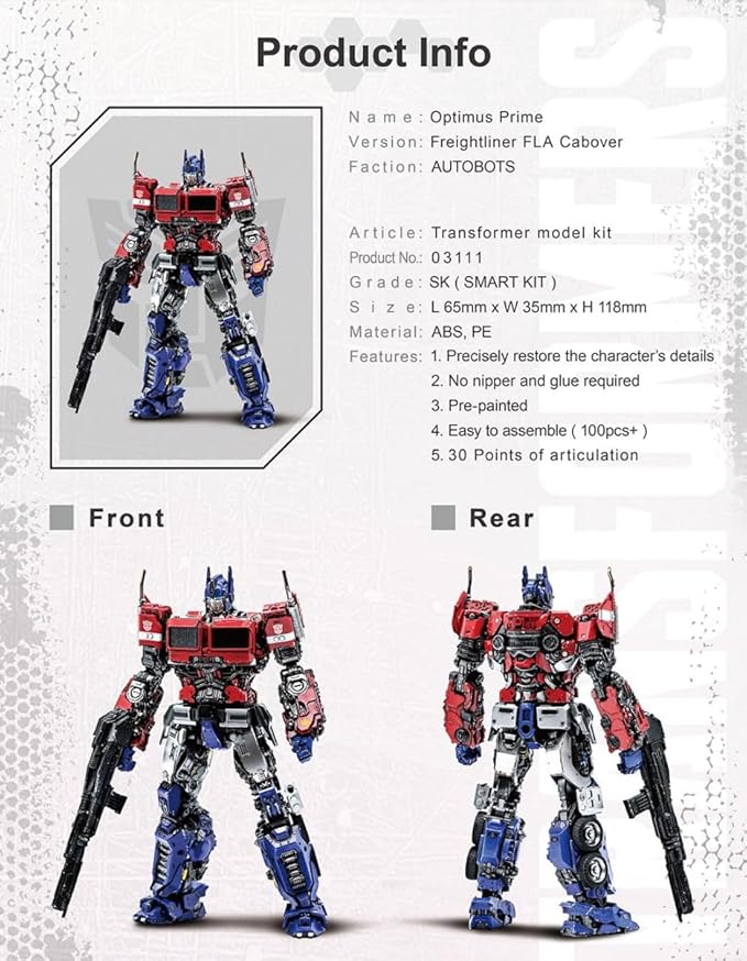 Transformers Optimus Prime Figure Model Kit – Freightliner FLA Cabover Easy to Assemble 3D Articulated Action Pre Painted Collectible Series Toys Hobby 03111